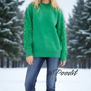 VINE & LOVE beautiful green sequin sleeve holiday sweater S M L